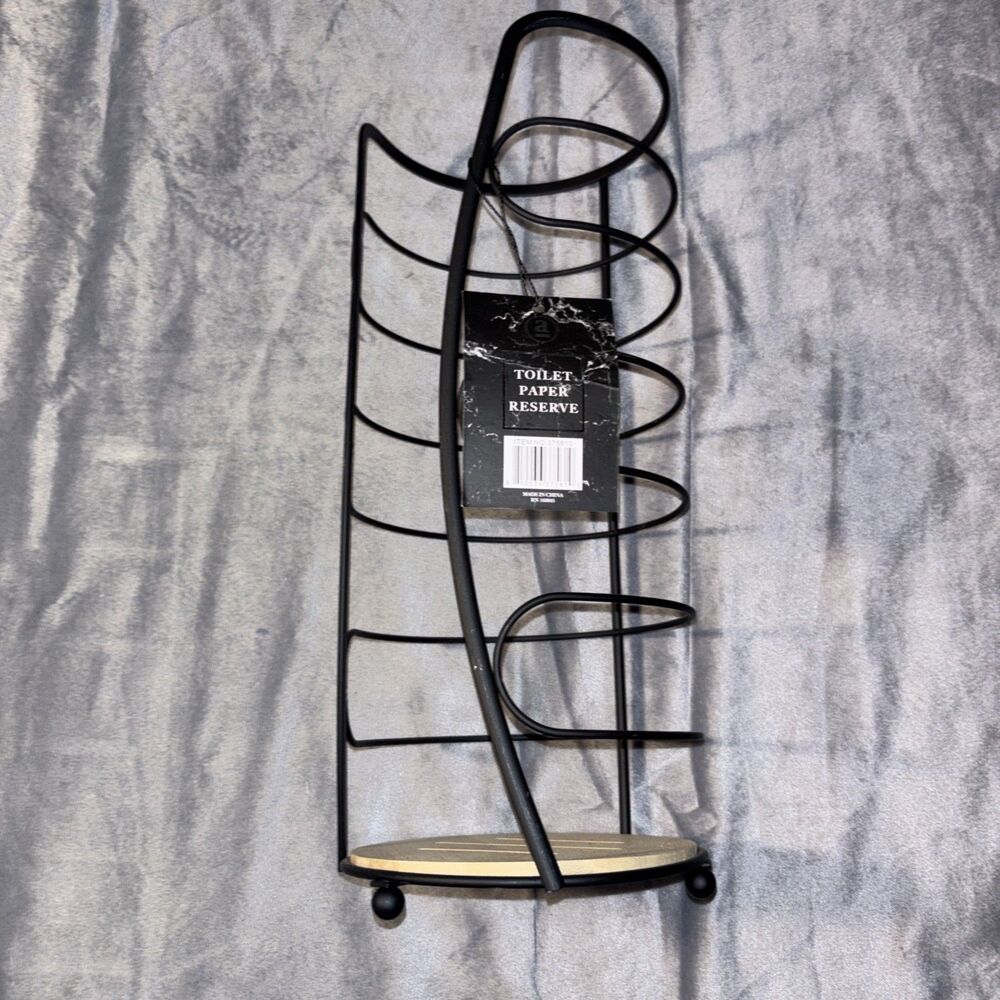 Aura Toilet Paper Reserve Black with Wood Base Holds 3 Rolls Bathroom Tissue NWT